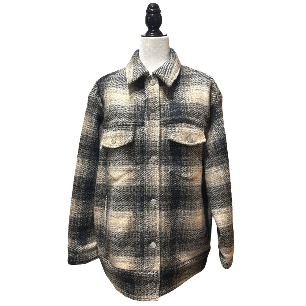 NEW Wool Blend Plaid Shacket Neutral Cream‎ Grey Overshirt Relaxed Fit Women's M
